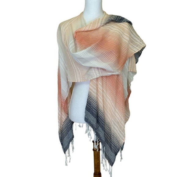 Shawl with fringe, peach/white/gray, coastal, bohemian, cottagecore, beach - Picture 1 of 4